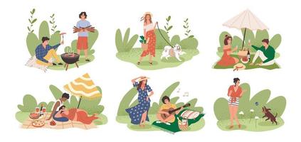 People have a picnic in different ways. Vector drawing with a summer vacation in nature. People walk, play with the dog, fry sausages, eat and have fun