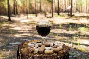 un vaso con vino tinto y corchos de vino en un tocón sobre un fondo de un bosque de verano en un día soleado.