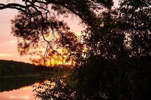 Tyumen, Russia. The sunset view on a river, a forest and colorful sky across the branches trees. photo