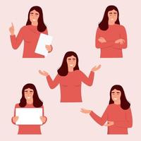A set of girls with different hand gestures and emotions, poses. A woman with crossed arms, a poster, points with her finger. Vector graphics.