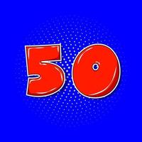 Pop art red number 50 over blue dotted background. vector