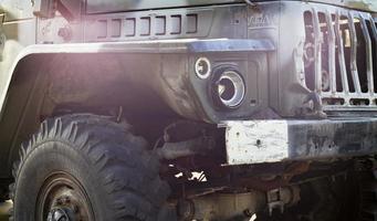Soviet multiple launch rocket system BM-21 Grad on the chassis of a truck Ural-375D. Broken and burnt military equipment of the Russian Federation. Ural translation. Ukraine, Kyiv - October 8, 2022. photo