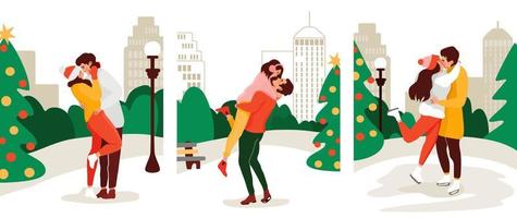 tres postales navideñas con parejas románticas abrazándose y besándose. amantes en fechas de invierno con paisajes urbanos como fondo. vibraciones navideñas. vector