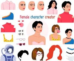 Female character creator, woman portrait generator. Cosmic girl avatar constructor. Face expressions, clothes variations, different hairstyles. vector