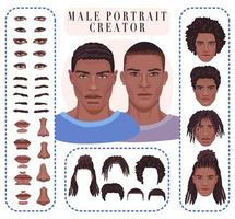 Male face constructor. Generator of realistic portrait. Handsome African man avatar creator with detailed eyes, nose, lips and various hairstyles. vector