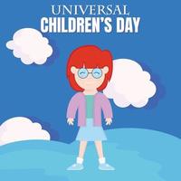 ilustración gráfica vectorial de una chica con anteojos sola, mostrando nubes blancas en el cielo azul, perfecta para el día internacional, día universal de los niños, celebración, tarjeta de felicitación, etc. vector