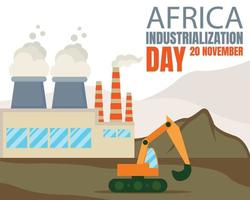 el gráfico vectorial ilustrativo de la excavadora está operando en el territorio de una fábrica industrial de chimeneas, perfecto para el día internacional, el día de la industrialización de África, la celebración, la tarjeta de felicitación, etc. vector