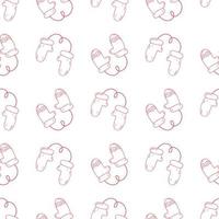 Winter mittens on a rope in the doodle style. Seamless pattern. Xmas holiday. Hand-drawn illustration for the new year, Christmas. Cute warm design. Red outline on a white background.Wrapping paper. vector