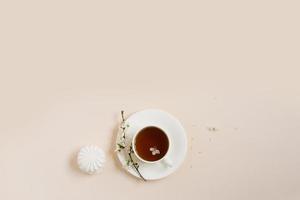 Flat lay of tea cup standing with apple flowers and marshmellow on beige background with copy space photo