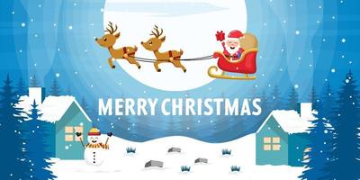 banner de feliz navidad con santa claus montando en carruaje ciervos voladores sobre el paisaje invernal vector