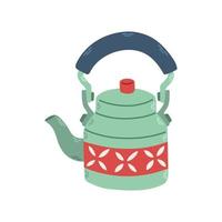 Simple blue green and red teapot for tea with ornament. Stock design isolated on a white background for websites and apps. Vector illustration