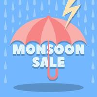 Monsoon sale. Umbrella under rain. Umbrella and lightning. Monsoon sale clipart. Umbrella vector illustration. Peach color umbrella with shadow.