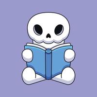 cute skull reading book cartoon mascot doodle art hand drawn concept vector kawaii icon illustration