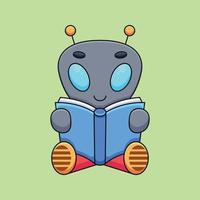 cute alien reading book cartoon mascot doodle art hand drawn concept vector kawaii icon illustration