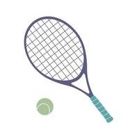 ilustración de vector plano en estilo infantil. raqueta de tenis dibujada a mano y una pelota