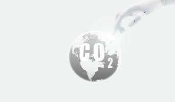 CO2 capture concept. Robot hand touch carbon dioxide on globe map. Carbon capture technology. Greenhouse gas. Artificial intelligence technology help reduce CO2. AI and environmental protection. photo