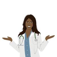 sonriente doctora afroamericana en uniforme muestra ambas manos palmas abiertas vector