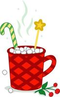 Hot chocolate with Christmas lollipops and marshmallows in a red cup. Vector illustration. Merry Christmas and Happy New Year cup with sweets. Cartoon-style illustration.Elements of vector design.