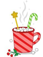 Hot chocolate with Christmas lollipops and marshmallows in a red cup. Vector illustration. Merry Christmas and Happy New Year cup with sweets. Cartoon-style illustration.Elements of vector design.