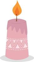 Pink Christmas candle with a pattern highlighted on a white background. Festive illustration with a burning candle.  Vector illustration in a fashionable style.