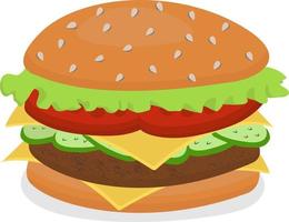 Illustration of a stylized hamburger or cheeseburger. Fast food food. Isolated on a white background.Cartoon delicious big hamburger with cheese and sesame seeds, isolated on a white background. vector