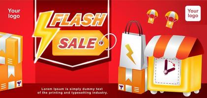 Flash Sale, yellow clock and shopping package 3d illustration