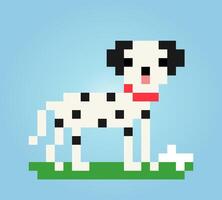 8 bit pixel of dalmatian dog. Animals for asset games in vector illustrations. Cross Stitch pattern.