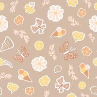 linda ilustración plana de verano de mariposas, helados, limones, conchas marinas, flores y hojas. patrón vectorial transparente para telas, papeles pintados, papel envolvente en suaves colores pastel. vector