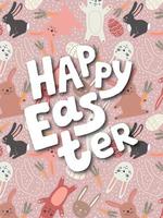 Happy Easter card with bunnies and eggs. Cute childish illustration.