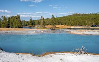 Scenic view of hotspring by geothermal landscape at famous Yellowstone park photo