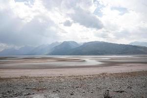 Scenic view of lake and mountains in valley with cloudy sky in background photo