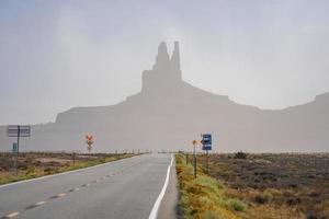 Signboards by highway leading towards geological features in Monument Valley photo