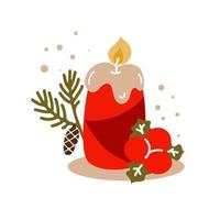 Christmas candle decorative composition in flat style. Vector hand drawn illustration for greeting cards, invitations, posters. Winter holidays design.