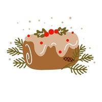 pastel de pudín de navidad. galleta pegajosa con frutos secos y frutas confitadas y ralladura de cítricos. ilustración vectorial aislada. horneado navideño. bizcocho de dibujos animados, pastel. ramas de abeto vector