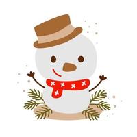 Cute christmas snowman with hat and scarf on isolated white background. Vector illustration