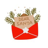 Christmas letter in an open envelope for Santa. Tree branches. Vector illustration in flat style