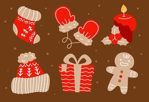 Christmas and New Year set with gingerbread man, candle, Christmas decorations, cocoa and other decor elements. Design for prints, postcards, posters vector