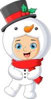 The happy boy is wearing and playing with the snowman costume vector