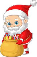 The cute Santa claus is preparing the christmas gift with the big sack for the children vector