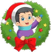 The boy is come out from the christmas wreath and waving the hand vector