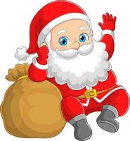 The cute santa claus with the big sack full of gift is waving the hand vector