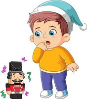 The boy is shocking with the laughing robot from the santa gift vector