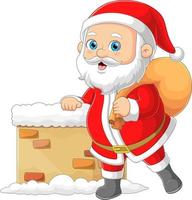 The Santa claus is bringing a small gifts sack while posing near to chimney vector