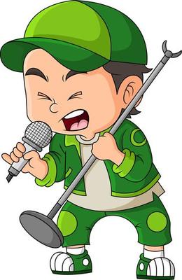 The cool boy is singing with a high tone while wearing a cap