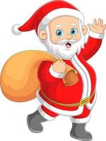 The Santa claus is greeting with waving hand while carrying a big sack gifts vector