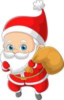 The happy santa claus is settling down the step for putting the gift under the christmas gift vector