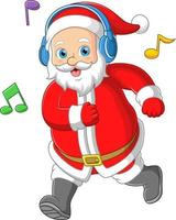 Santa claus dancing and listening music by big headphones vector