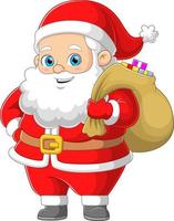 The old Santa claus is holding big sack with many surprise and chocolate gift vector