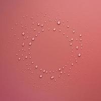 Drops of water in the form of a circle on a pink background. Copy space. Top view. photo