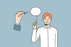 Huge hand pierce speech bubble reject comments or arguments. Person puncture talk balloon of man speaking. Criticism and opinion variety. Vector illustration.